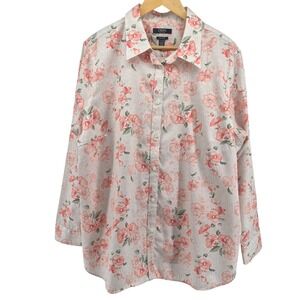CHAPS Women Floral Print Button‎ Up Shirt 1X No Iron Pink Coral Cottagecore Work